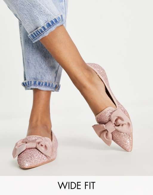 ASOS DESIGN Wide Fit Lake bow pointed ballet flats in pink glitter