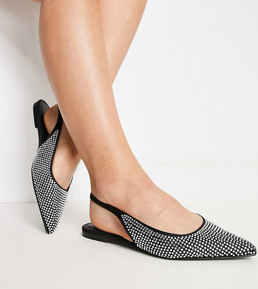 ASOS DESIGN Wide Fit Lala pointed slingback flats in black/silver diamante