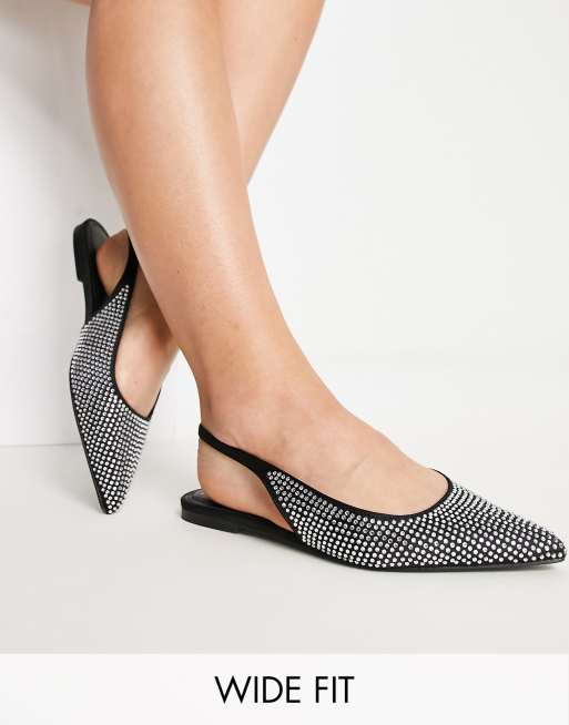 ASOS DESIGN Wide Fit Lala pointed slingback flats in black silver diamante