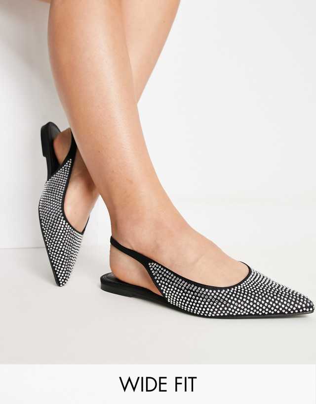 ASOS DESIGN Wide Fit Lala pointed slingback flats in black/silver diamante