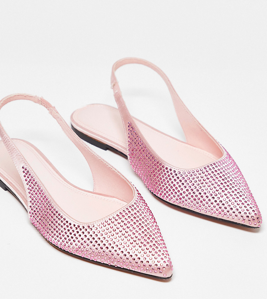 ASOS DESIGN Wide Fit Lala pointed slingback flats in pink diamante
