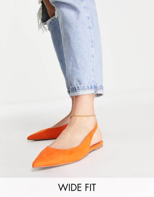 ASOS DESIGN Wide Fit – Lala – Pomarańczowe płaskie buty z noskami w szpic i paskiem za piętą