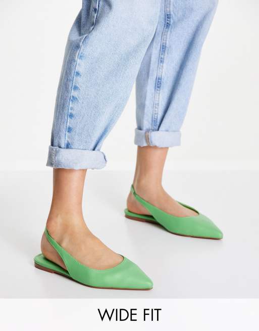 ASOS DESIGN Wide Fit – Lala – Zielone buty na płaskiej podeszwie ze spiczastymi noskami i paskiem na pięcie