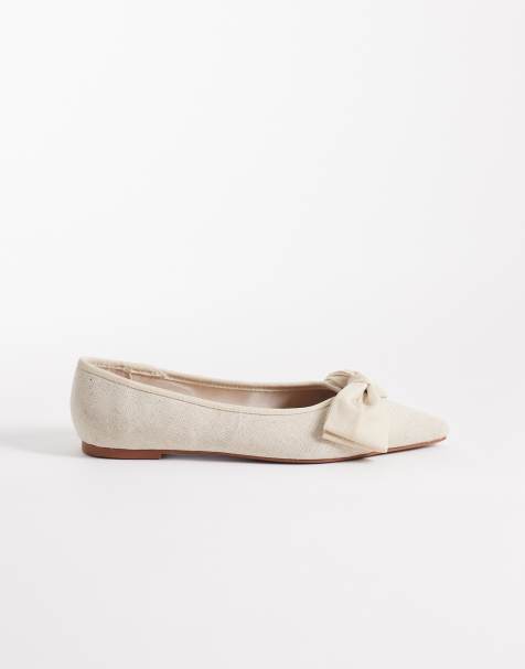 ASOS DESIGN Wide Fit Langston bow trim pointed toe ballet flats in natural - view 1