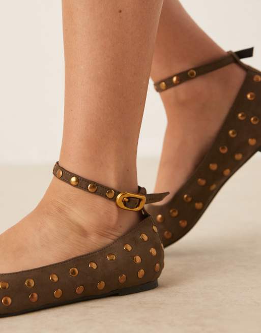 ASOS DESIGN Wide Fit - Lara - Ballerines en suédine cloutées à bout rond - Olive, 3 de 4