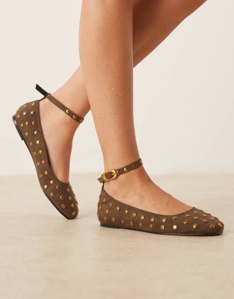 ASOS DESIGN Wide Fit Lara round toe studded ballets in olive suedette - view 1