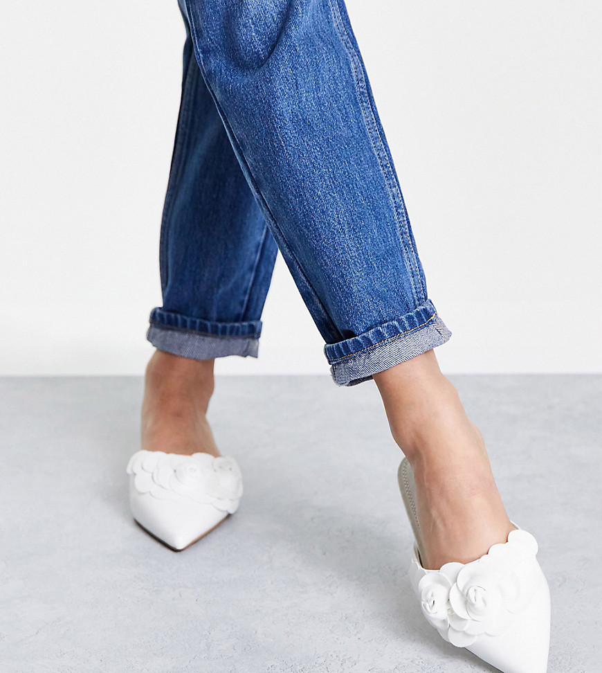 ASOS DESIGN Wide Fit Larch 3D flowers pointed ballet mules in white