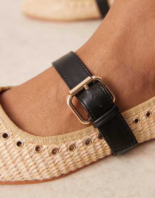 ASOS DESIGN Wide Fit Larson eyelet mary jane ballets in natural weave, 2 of 4
