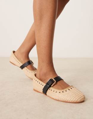 ASOS DESIGN Wide Fit - Larson - Gewebte Mary-Jane-Ballerinas in Natur mit Ösendetails, weite Passform-Neutral