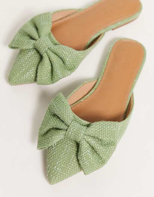 ASOS DESIGN Wide Fit Lass oversized bow pointed flat mules in green tweed ASOS