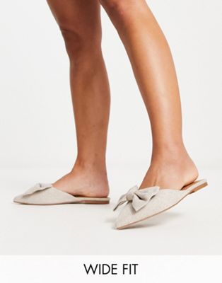  Wide Fit Lass oversized bow pointed flat mules in natural fabrication