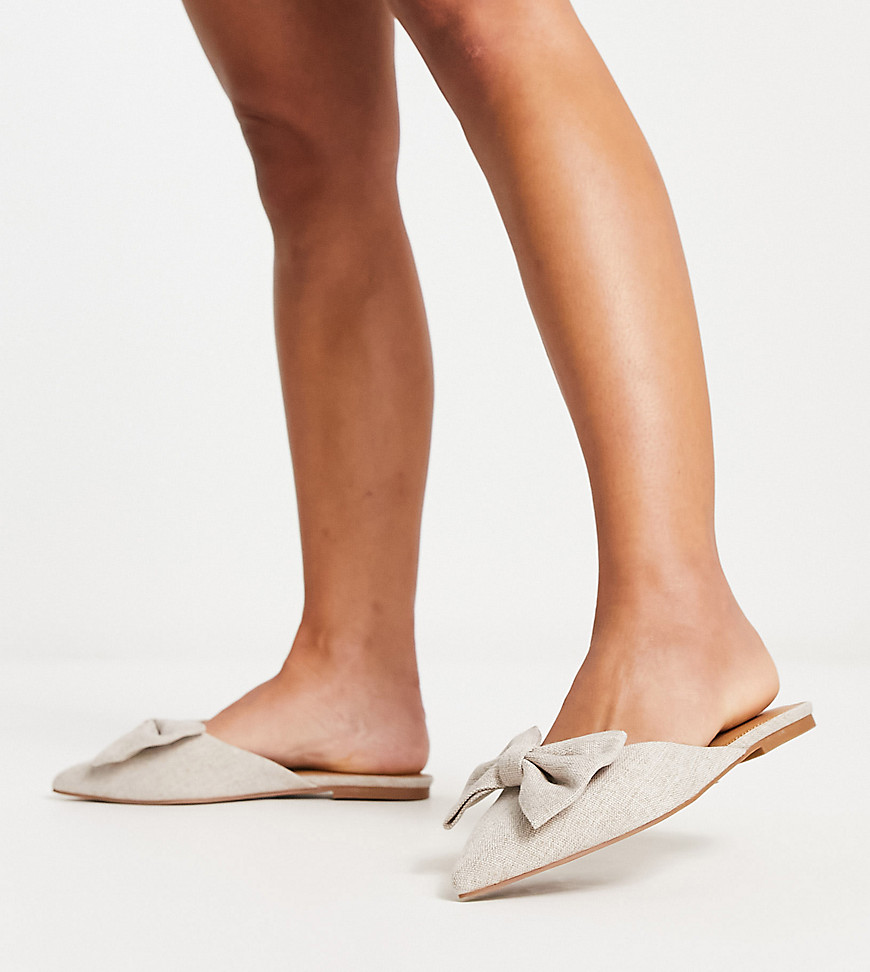 ASOS DESIGN Wide Fit Lass oversized bow pointed flat mules in natural fabrication-Neutral