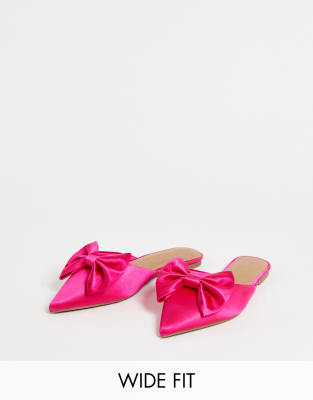  Wide Fit Lass oversized bow pointed flat mules  satin