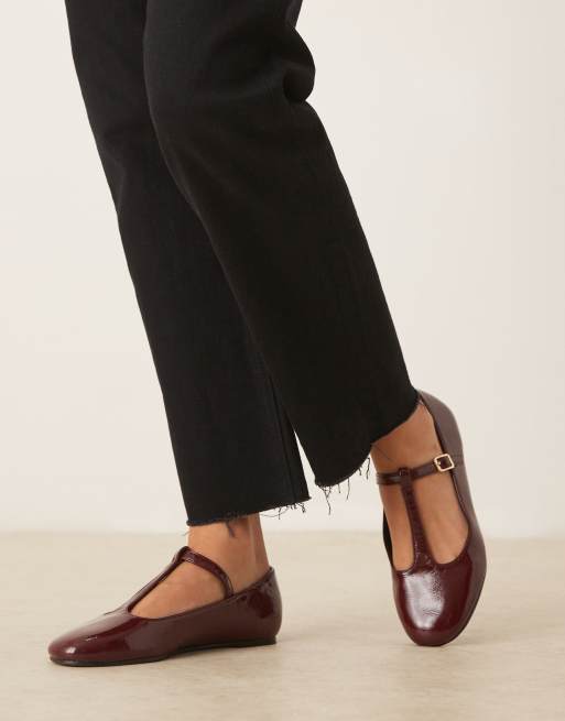 ASOS DESIGN Wide Fit Latham mary jane ballet flats in burgundy patent