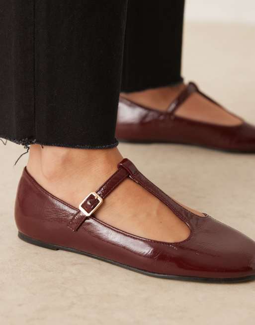 ASOS DESIGN Wide Fit Latham mary jane ballet flats in burgundy patent