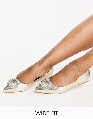 Asos Design Wide Fit Laura Embellished Pointed Ballet Flats In Gold Metallic