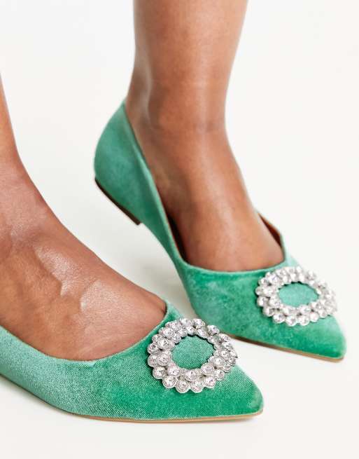 ASOS DESIGN Wide Fit Laura embellished pointed ballet flats in green velvet