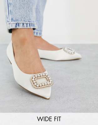 ASOS DESIGN Wide Fit Laura embellished pointed ballet flats in ivory satin-White