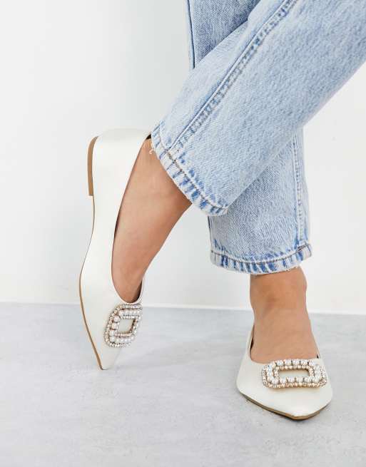 ASOS DESIGN Wide Fit Laura embellished pointed ballet flats in ivory satin