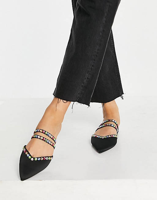 Shoes Flat Shoes/Wide Fit Laurie gem embellished pointed mule in black satin 