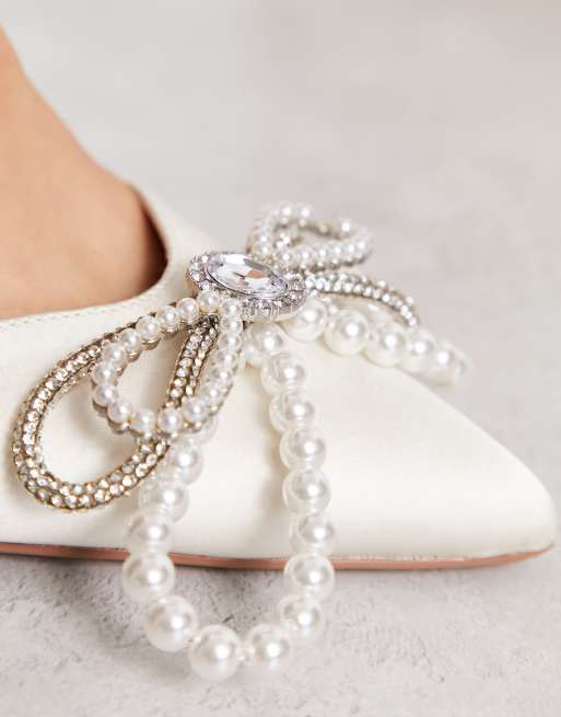 ASOS DESIGN Wide Fit Lavish pointed flats with faux pearl bow trim