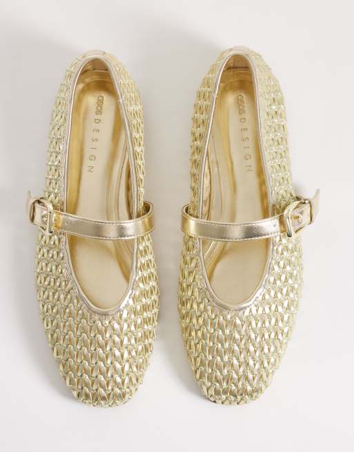 ASOS DESIGN Wide Fit – Leah – Gewebte Mary-Jane-Ballerinas in Gold, breite Passform, 2 von 4