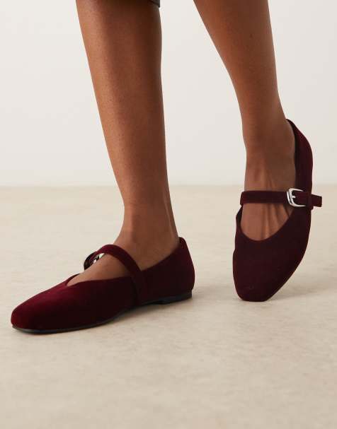 ASOS DESIGN Wide Fit – Leah – Mary-Jane-Ballerinas aus Samt in Burgunderrot, weite Passform - view 1
