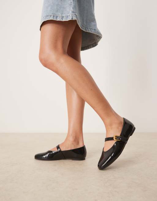 ASOS DESIGN Wide Fit Leah mary jane ballet flats in black patent