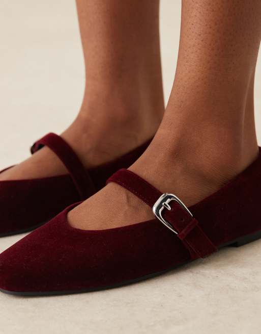 ASOS DESIGN Wide Fit Leah mary jane ballets in burgundy velvet