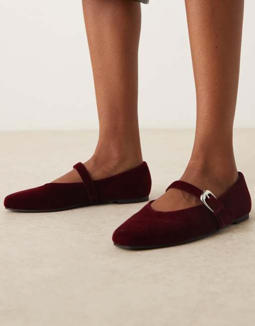 ASOS DESIGN Wide Fit Leah mary jane ballets in burgundy velvet