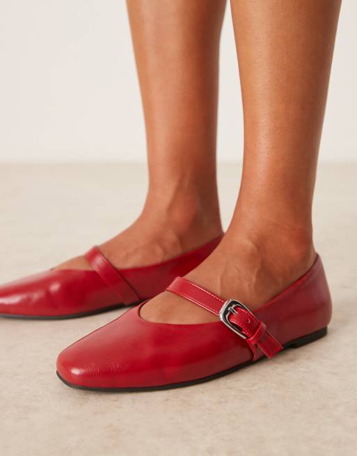 ASOS DESIGN Wide Fit Leah mary jane ballet flats in cherry red