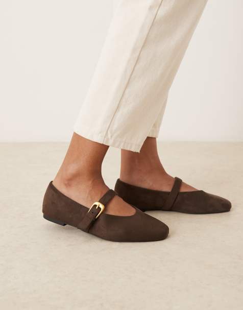 ASOS DESIGN Wide Fit Leah mary jane ballet flats in chocolate suedette - view 1