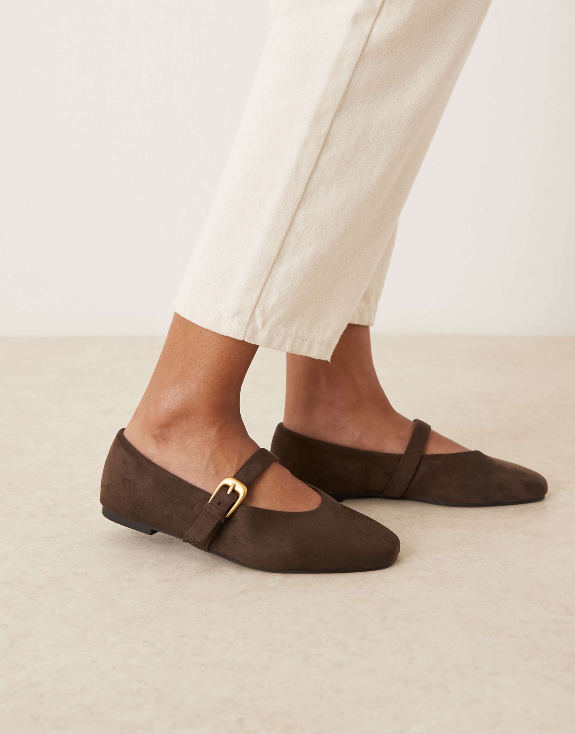 asos design wide fit leah mary jane ballet flats in chocolate suedette