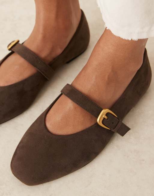 ASOS DESIGN Wide Fit Leah mary jane ballets in chocolate suedette