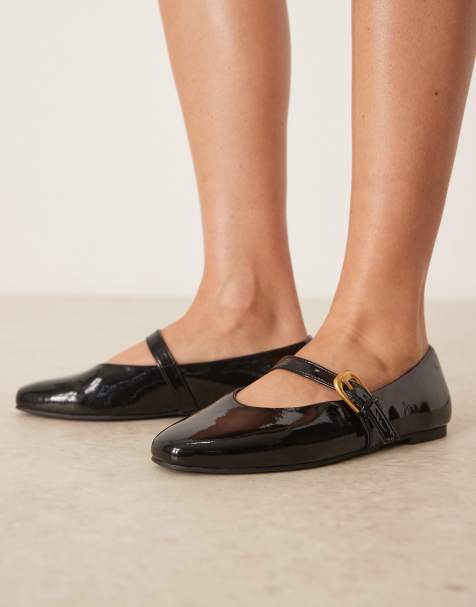 ASOS DESIGN Wide Fit Leah mary jane ballets in black patent - view 1