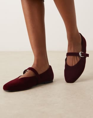ASOS DESIGN Wide Fit Leah mary jane ballets in burgundy velvet