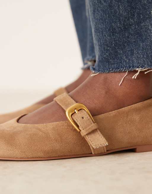 ASOS DESIGN Wide Fit Leah mary jane ballets in sand suedette, 3 of 4