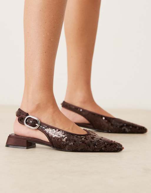 ASOS DESIGN Wide Fit Leonora sequin slingback ballet flats in pewter