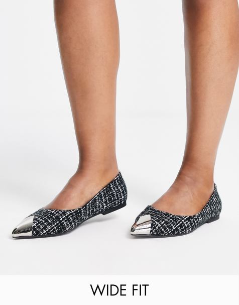 ASOS DESIGN Wide Fit Lexy metal toe cap ballet flats in black tweed - view 1