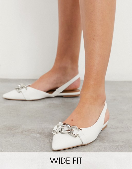 ASOS DESIGN Wide Fit Leyton chain slingback ballet flats in white