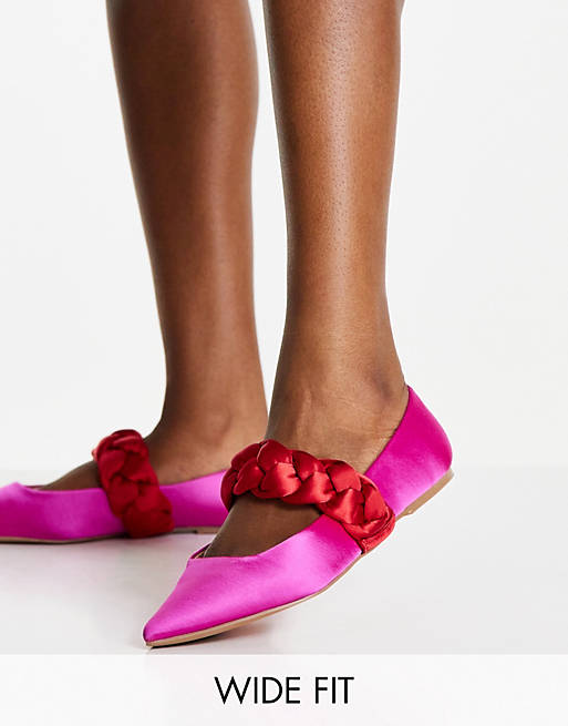 ASOS DESIGN Wide Fit Liberty embellished plaited mary jane pointed ballet flats in pink & red satin