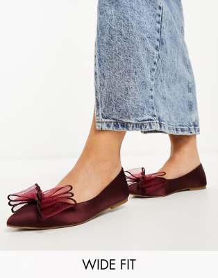 ASOS DESIGN Wide Fit - Lila - Ballerinas in Burgunderrot mit Schleife, weite Passform