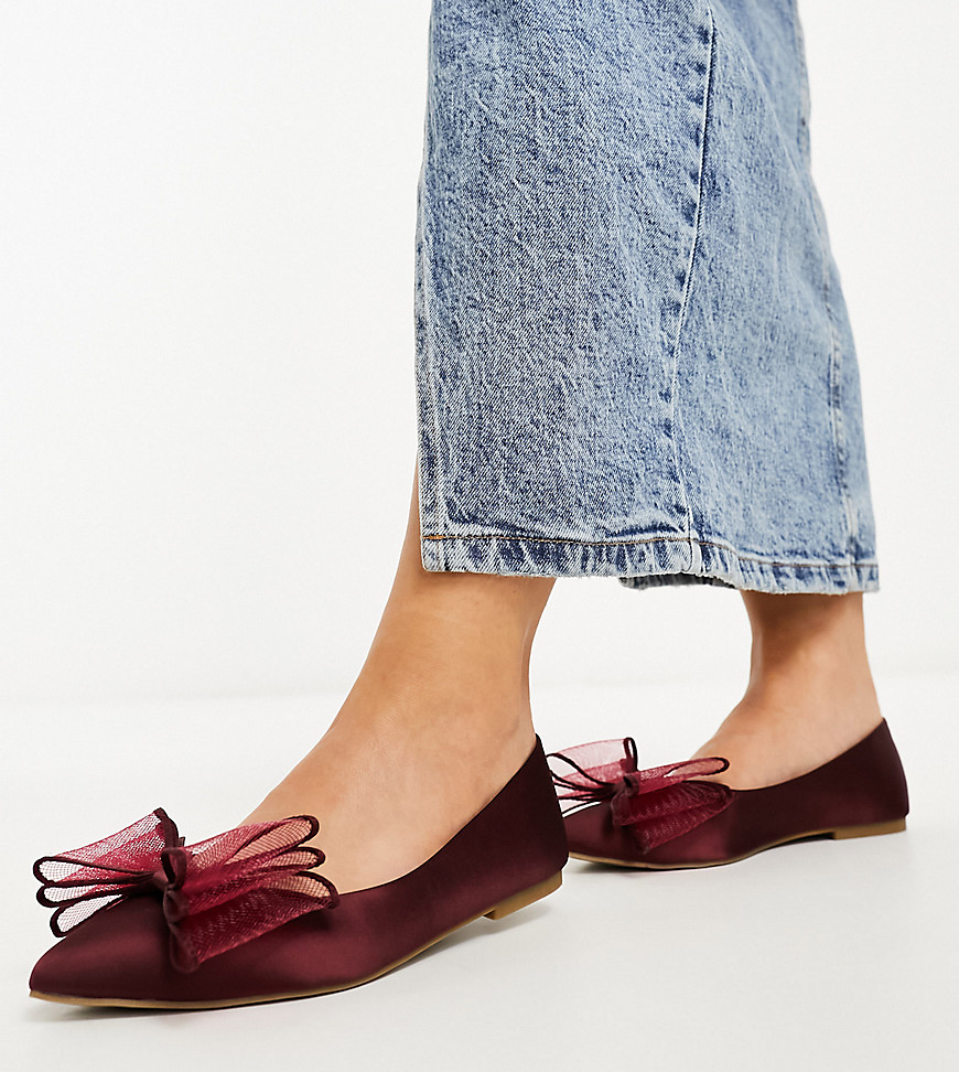 ASOS DESIGN Wide Fit Lila bow ballet in burgandy-Red