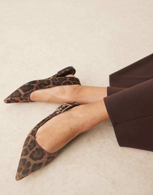 ASOS DESIGN Wide Fit linear buckle detail slingback ballet flats in leopard
