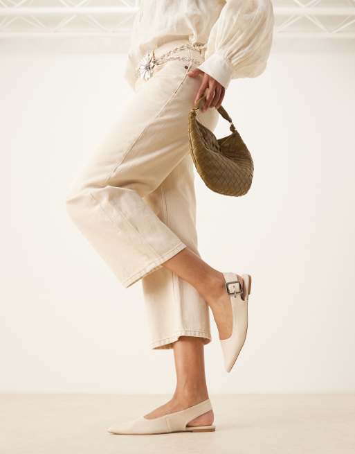 ASOS DESIGN Wide Fit linear buckle detail slingback ballet flats in off white