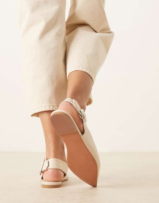 ASOS DESIGN Wide Fit linear buckle detail slingback ballet flats in off white