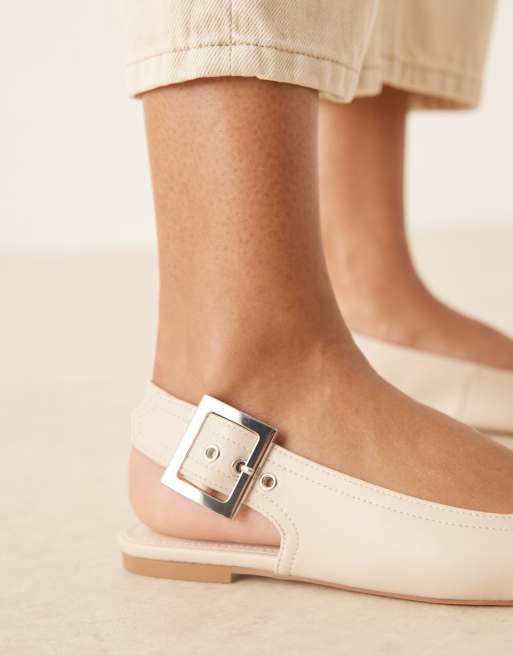 ASOS DESIGN Wide Fit linear buckle detail slingback ballet flats in off white