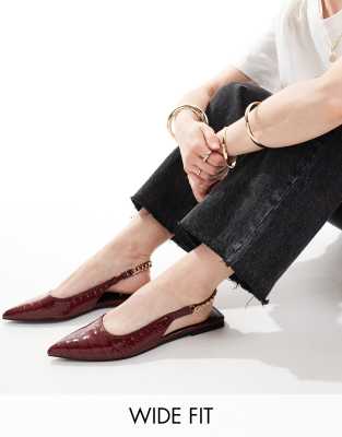 Asos Design Wide Fit Link Ballet Flats In Burgundy Croc-brown