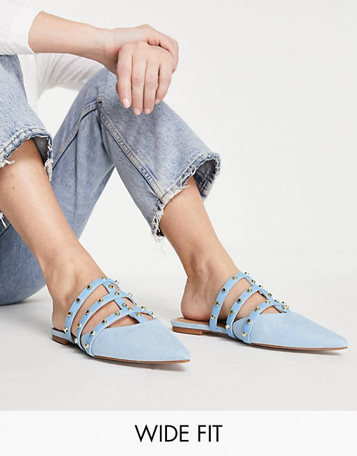 Shoes Flat Shoes/Wide Fit Liquorish studded flat mules in blue 