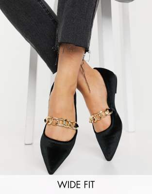 ASOS DESIGN Wide Fit Lise pointed chain ballet flats in black velvet